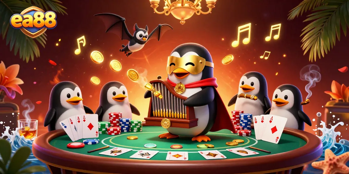 ea88 engages players with a colorful casino scene featuring a penguin and poker elements.