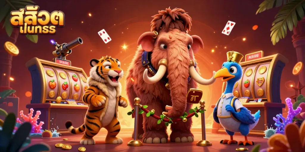 Spin your way to victory with this vibrant สล็อตทดลอง illustration showcasing a mammoth bouncer and adventurous casino spirits.
