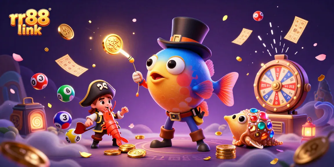 Experience excitement with rr88 link featuring an anglerfish dazzling with golden coins and vibrant lottery elements.