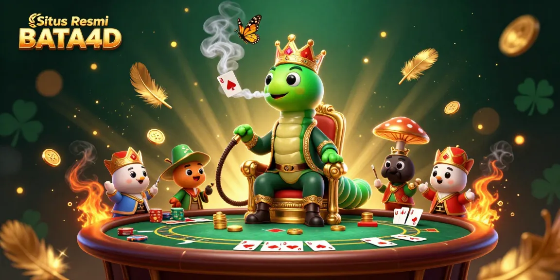 Situs Resmi BATA4D showcases an engaging scene with a poker theme including a caterpillar sultan and vibrant gaming elements.