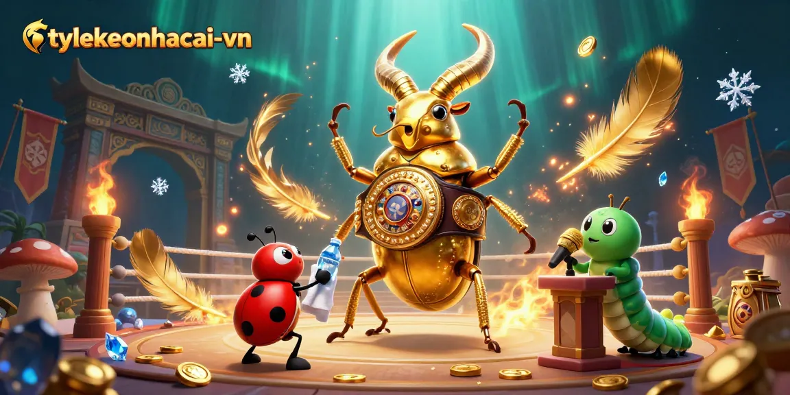 Join the action at tylekeonhacai-vn with a dynamic 3D illustration featuring giant insect characters in a casino setting.