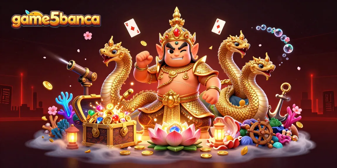 Play exciting games and win at game5banca with vibrant, colorful, 3D casino scene.