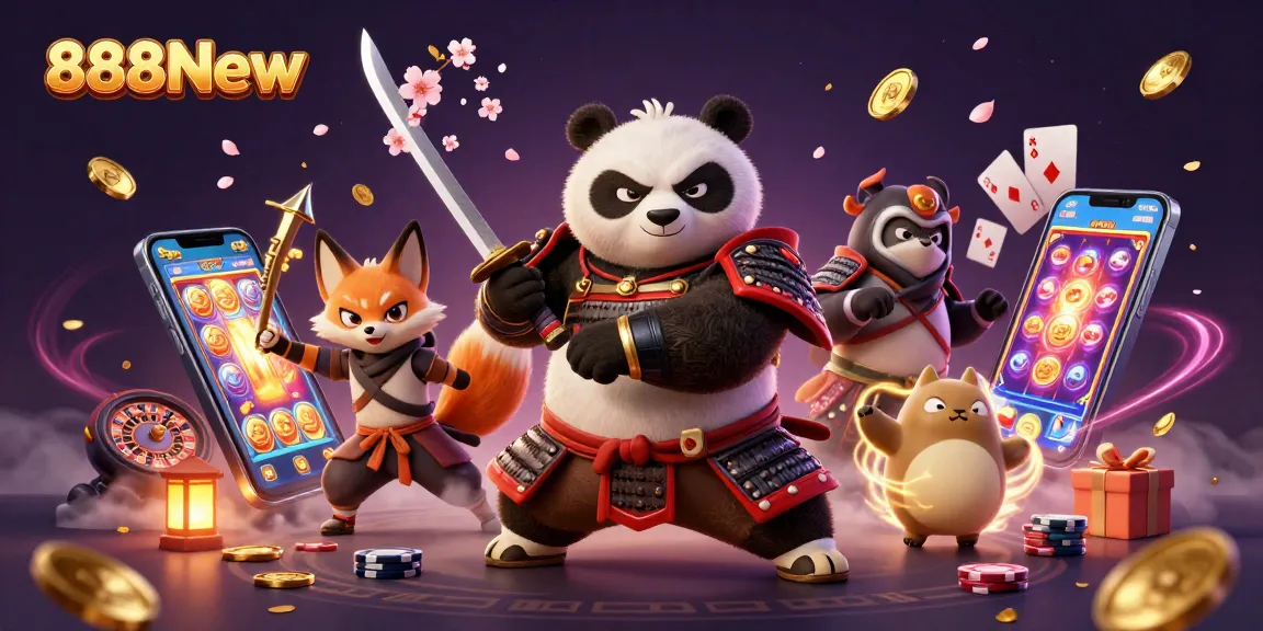 Experience thrilling wins with 888New as a samurai panda and ninja fox engage in dynamic casino action.