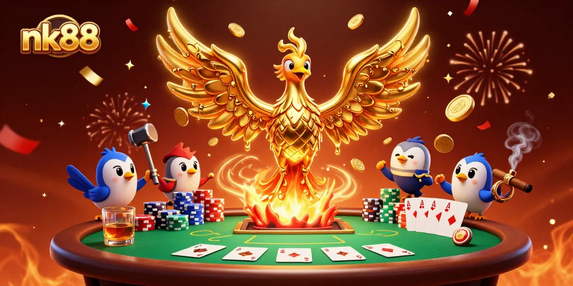 Engage in exhilarating casino gameplay at nk88, where a golden phoenix takes flight amidst poker chips and cards.
