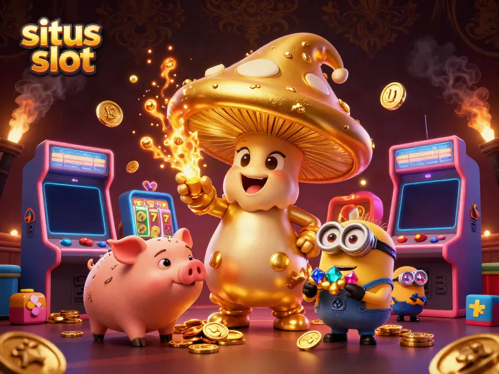 Ilustrasi situs slot dengan karakter penyihir jamur emas dan mesin permainan yang memukau.