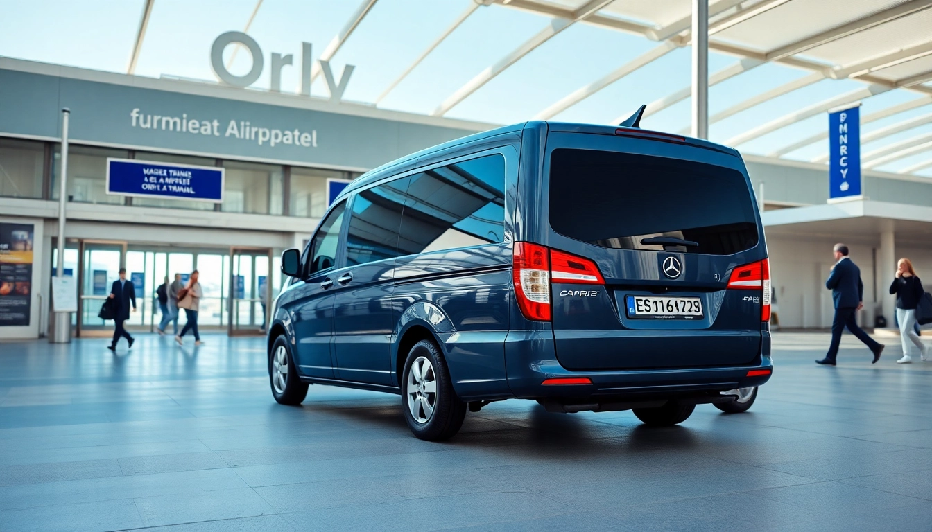 Streamlined Orly Airport to Paris Transfer vehicle ready for passengers at the terminal entrance.