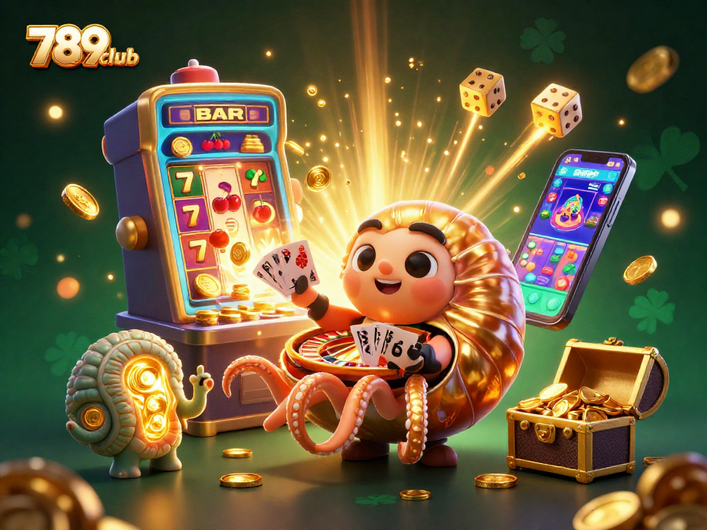 Immerse in the excitement of 789club with a vibrant 3D casino illustration, showcasing casino games and golden treasures.