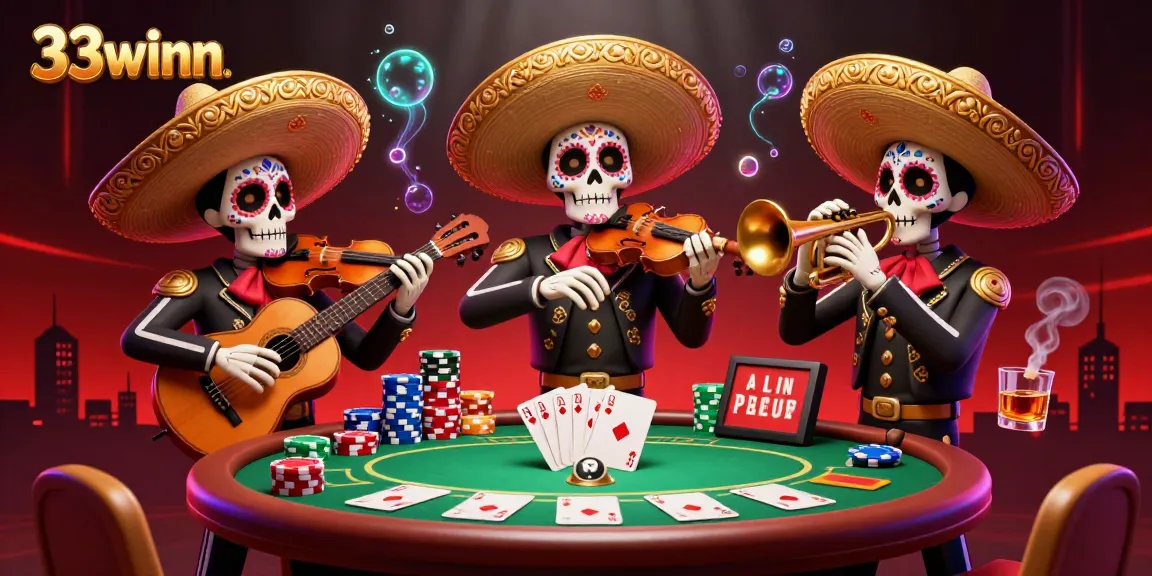 Experience thrilling poker action with 33winn's immersive scene featuring a vibrant mariachi band.