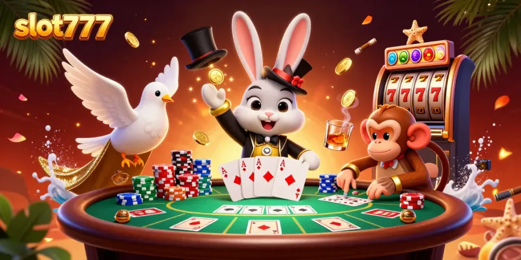 Mainkan slot777 dan dapatkan koin emas terbang di sekitar karakter dengan meja poker yang penuh warna.