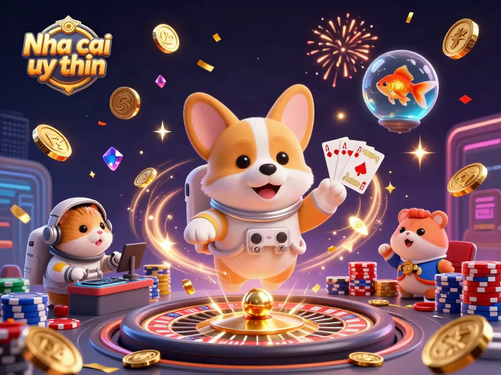 Nha cai uy tin floats joyfully in a surreal casino cosmos, showcasing dazzling games and rewards.