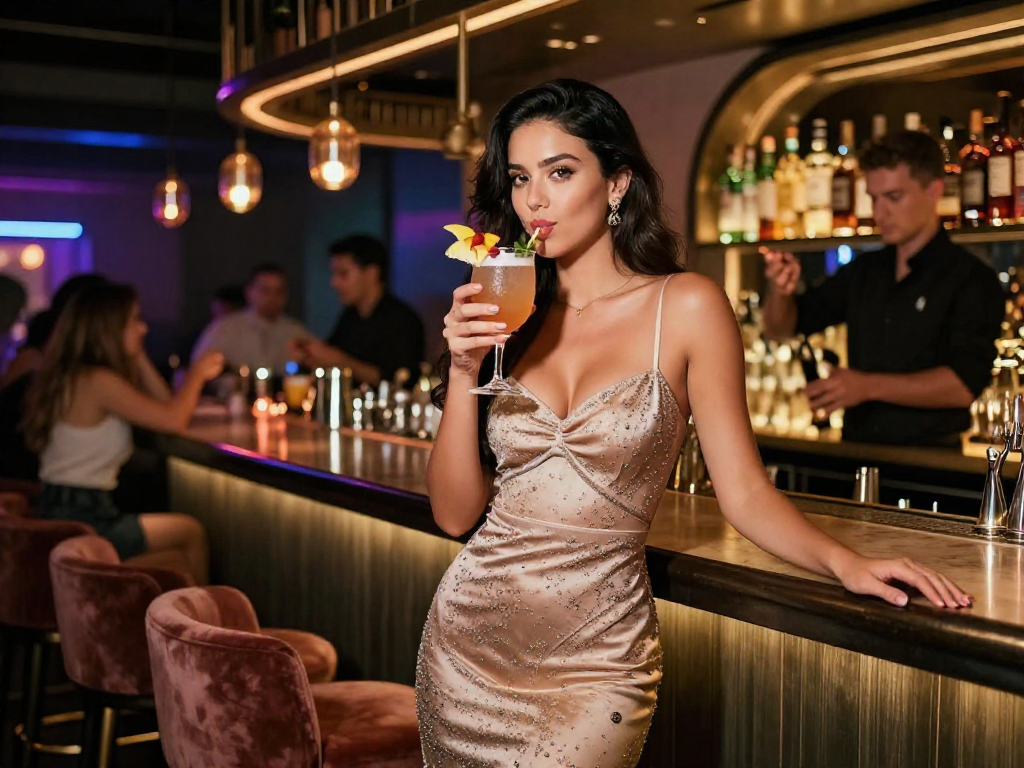 Gái gọi trong buổi tối sang trọng ở quán bar hiện đại với cocktail màu sắc.