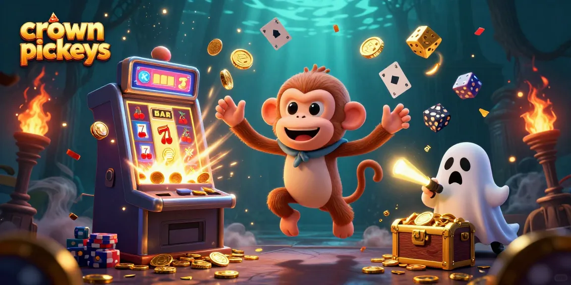 Crown pokies showcase with a mischievous poltergeist monkey and a ghost-hunter puppy in a dynamic casino scene.