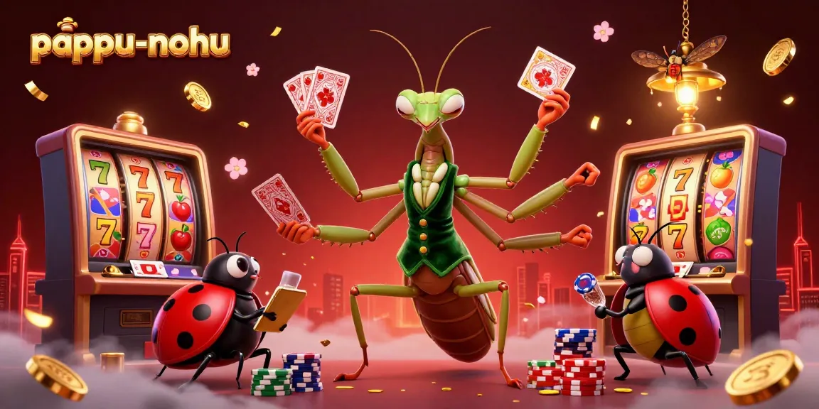 Pappu-nohu's immersive online casino scene features a vibrant praying mantis and ladybug characters engaging players with exciting gameplay.