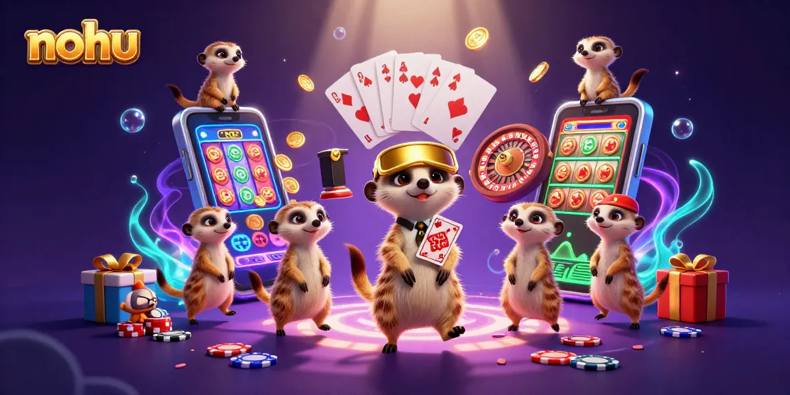 Experience nohu excitement in a vibrant casino scene with meerkats showcasing thrilling games and jackpots.