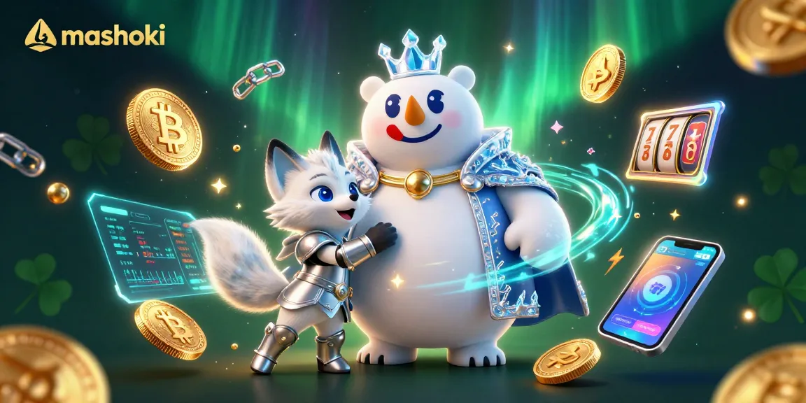 Engage with mashoki's vibrant slot-reel adventure featuring an ice king, snowy fox, and cryptocurrency artifacts.