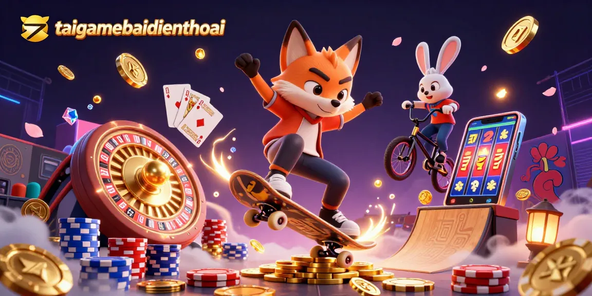 Experience the thrill of taigamebaidienthoai with a skateboarder fox and BMX rabbit amidst casino elements.