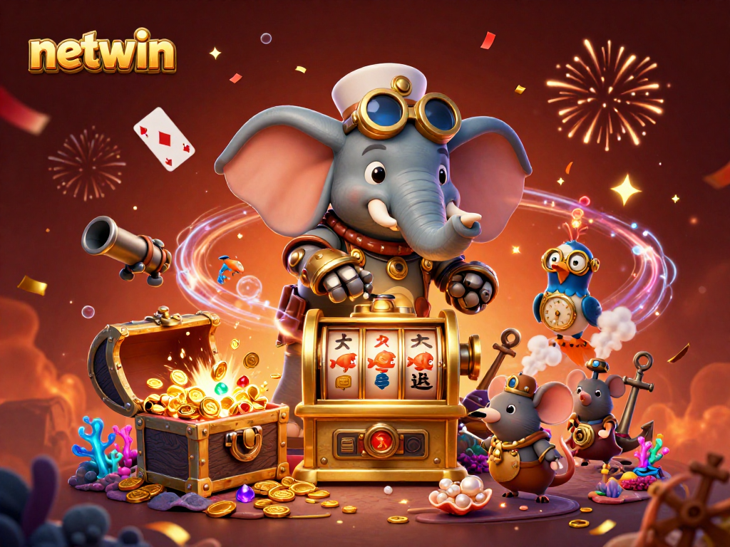 Engage with netwin's vibrant online casino atmosphere featuring steampunk characters and dynamic gaming elements.